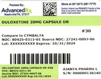 Duloxetine DR 20mg 80425-0311-01.jpg label 1 - Duloxetine DR 20mg 80425 0311 01